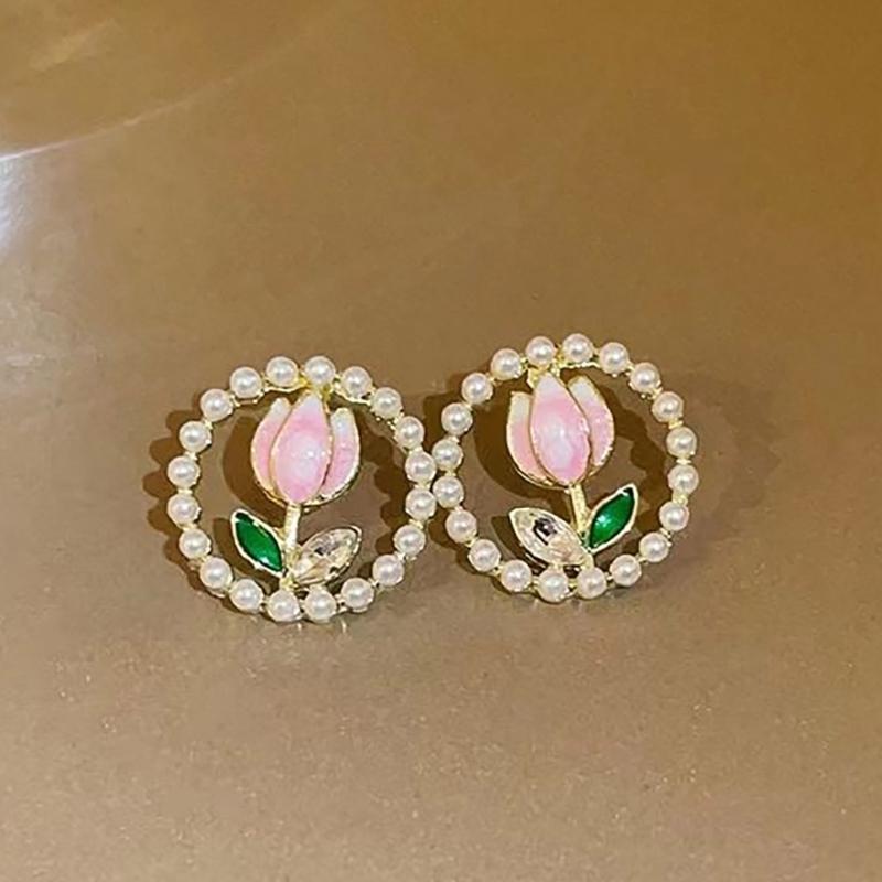 Eleagnt Flower Crystals Stone Earrings Imitation Pearls Studs for Women with Gold Plating and Green Rhinestones