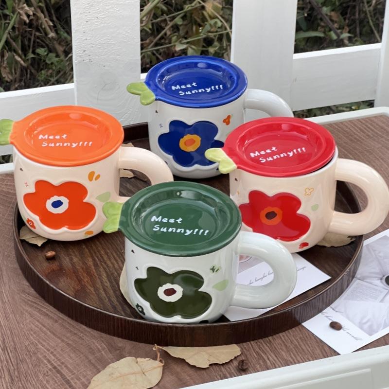 Mug with Lid with High Appearance Design Sense Home Water Cup for Girls and Students Cup Ceramic Coffee Cup