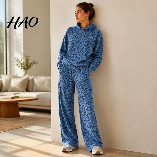 Luźne Zestawy Domowe Damskie z Nadrukiem Panterki Bluza z Kapturem i Spodnie, Bluza z Kapturem z Kieszenią Kangurką, Codzienne Szerokie Spodnie Dwuczęściowy Zestaw na Jesień Zimę