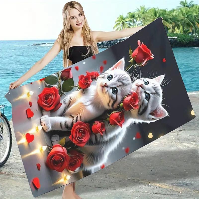 1PC Rose Kitty Heart Beach Towel Quick Dry Bath Towel Beach Vacation Photography Essential Lightweight Soft Fabric