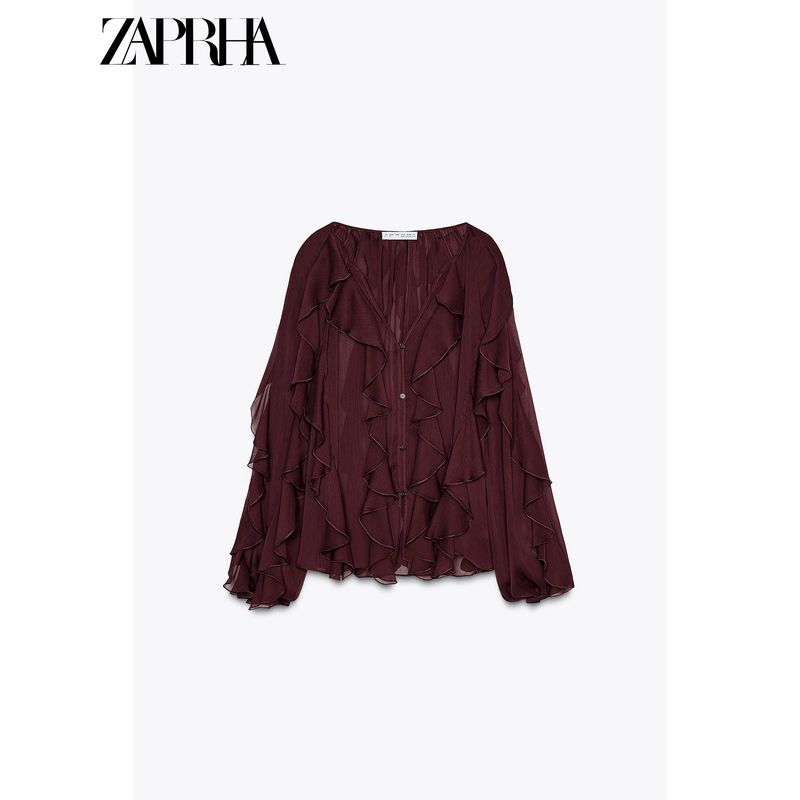 Zaprha 2025 New Arrival Loose Laminated Decoration Fashion V-neck Long Sleeve Shirt Female Loose Feeling 4786063