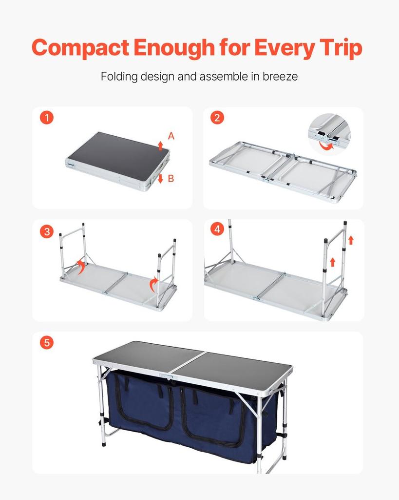 Camping Kitchen Table Folding Portable Cook Station 3 Adjustable Heights