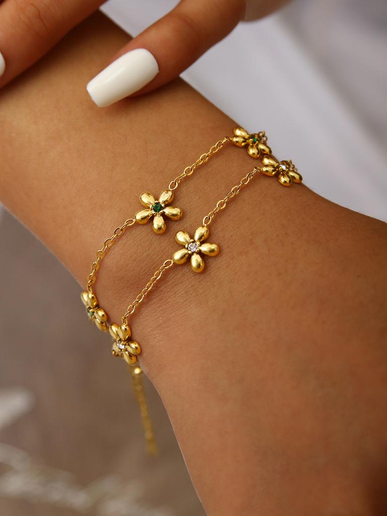 Fashionable And Elegant Temperament Old Money Style Stainless Steel Plated 18K Gold With Diamonds Flowers Zircon Set For Women