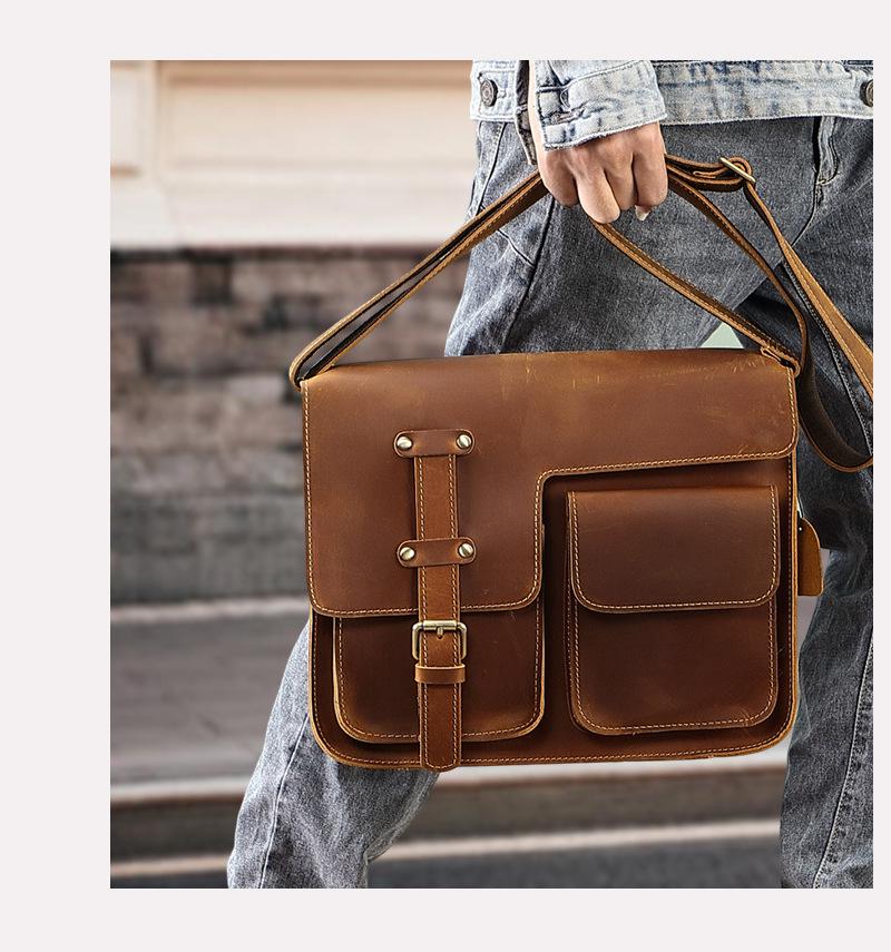 Men's Crazy Horse Leather Crossbody Bag - Genuine Leather Messenger & Multifunctional Computer Briefcase