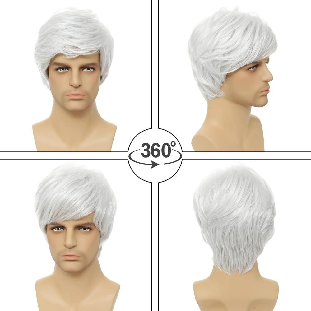 Men's Middle-aged and Elderly Silver White Slanted Bangs, Short Straight Hair, Rose Mesh Cover