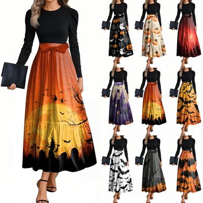 Women's Fashion Casual Belted Long Sleeve Round Neck Halloween Printed Elegant Temperament Dresses