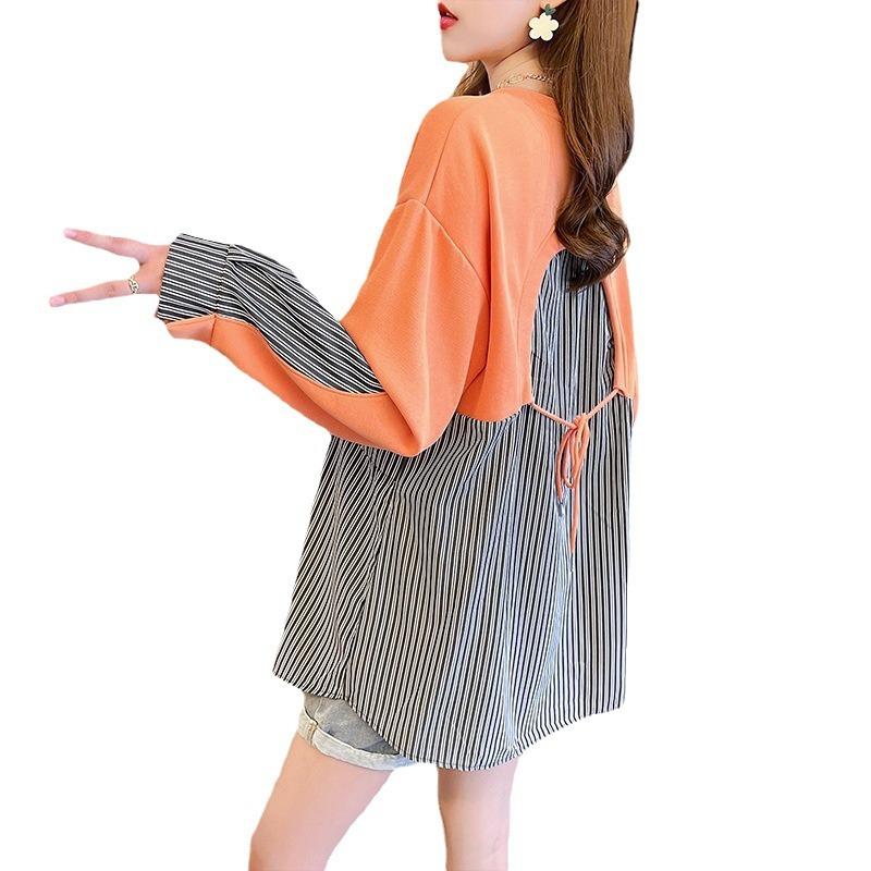 Women Fake Two Pieces Striped Patchwork  Korean Fashion Long Sleeve Lace Up Oversized Streetwear Sweatshirts Women Pullover Tunic Tops Y2K