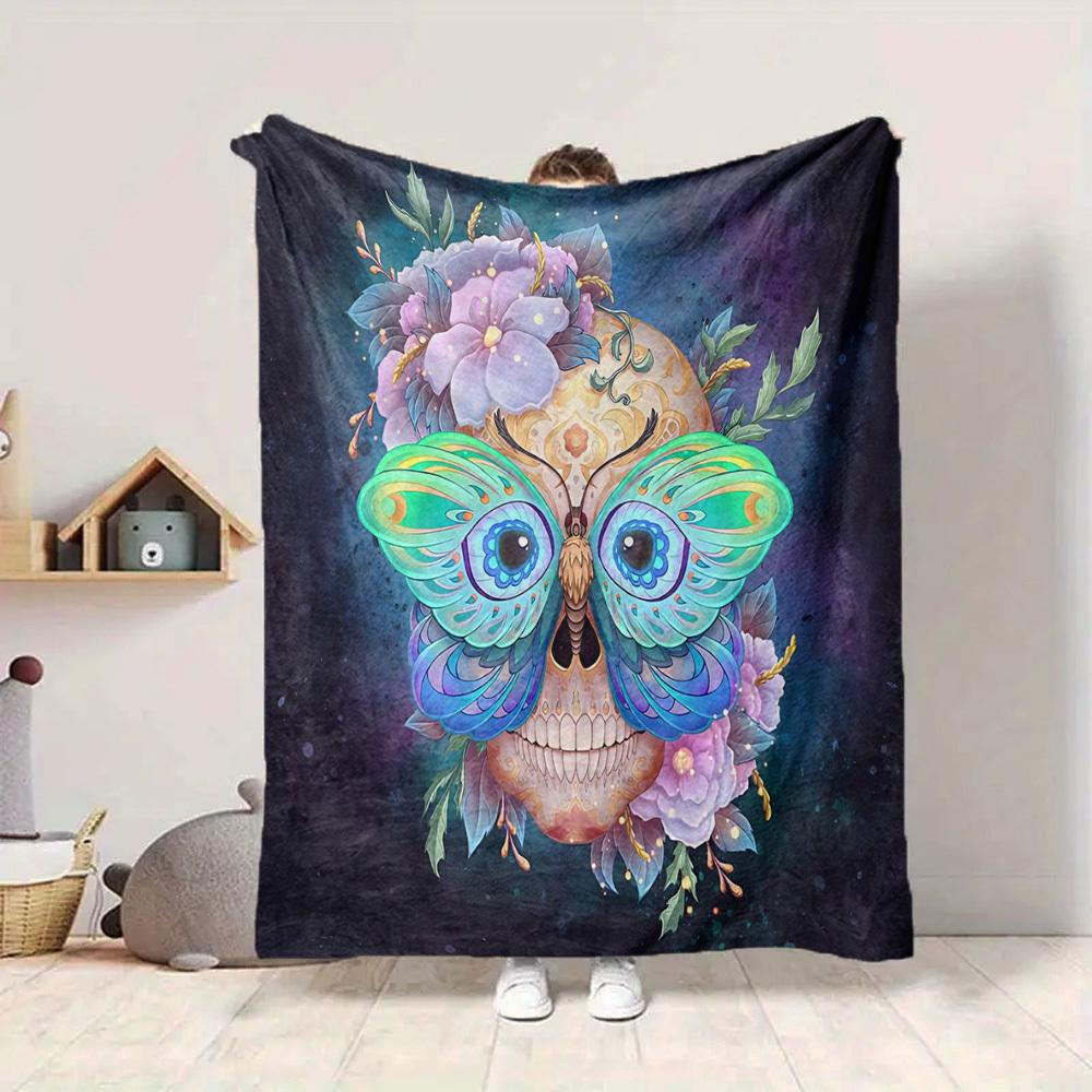 

1pc Skull Butterfly Lightweight Flannel Blanket, Comfortable and Warm Blanket, for Office and Camping Sofa Bed, Livingroom091 130cmx150cm