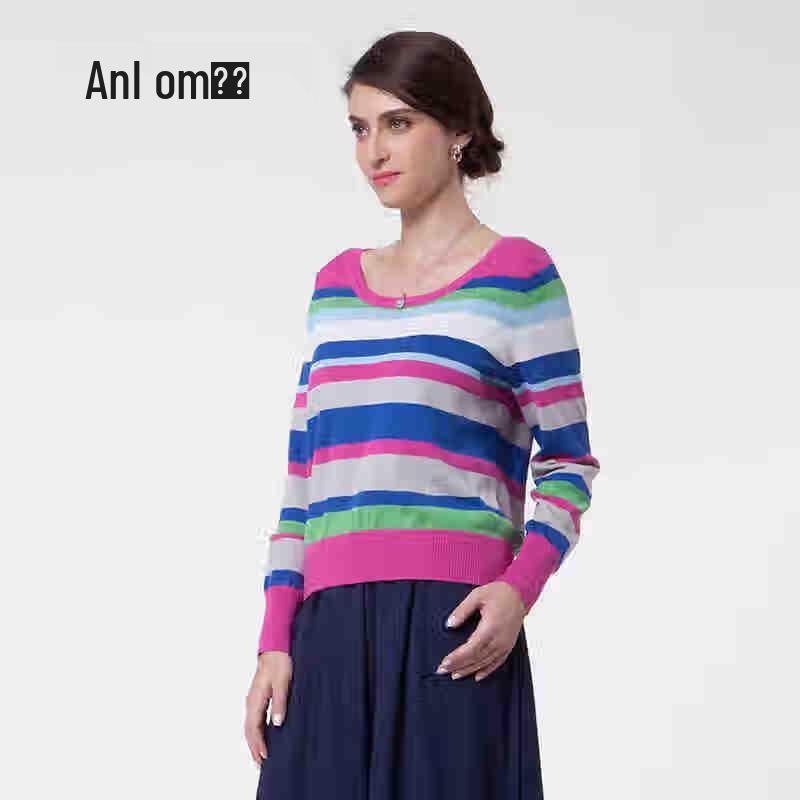 Anlom Women's Striped Long-Sleeve Crew Neck Knit Sweater, Style 1801008