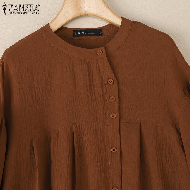 ZANZEA Women Casual Round Neck Solid Color Long Sleeve Blouse