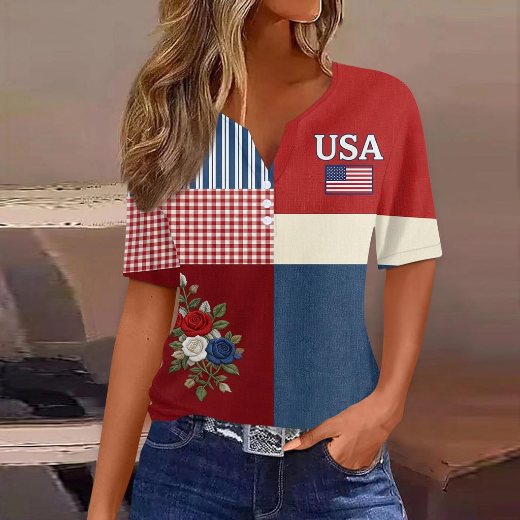 Women's Fashion Casual Independence Day Print V-Neck Short Sleeve Button-Up T-Shirt Top