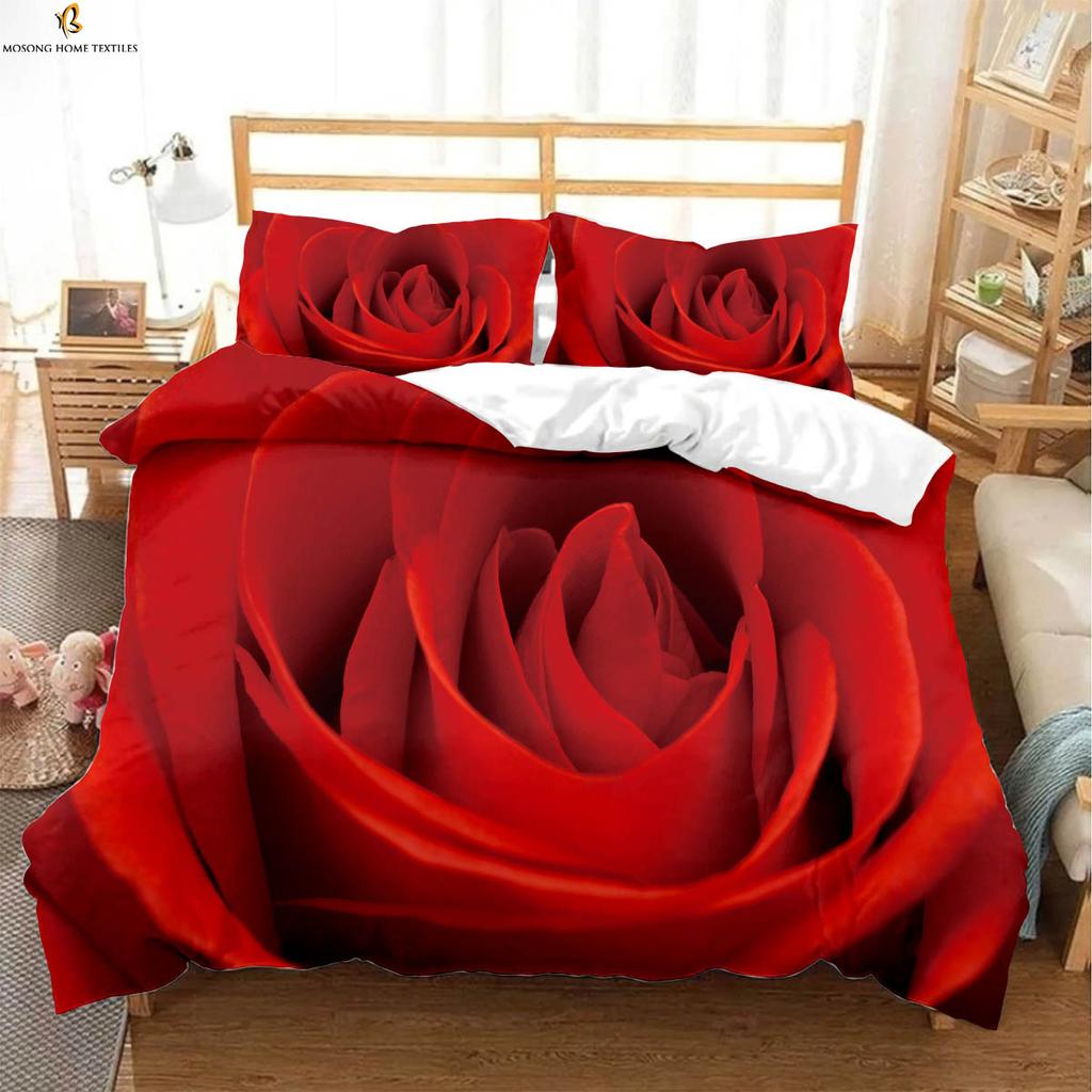 Vintage Wine Red Rose Print Quilt Cover Bedding Set Quilt Cover Pillowcase Romantic Valentine's Day Gift Three-Piece Set