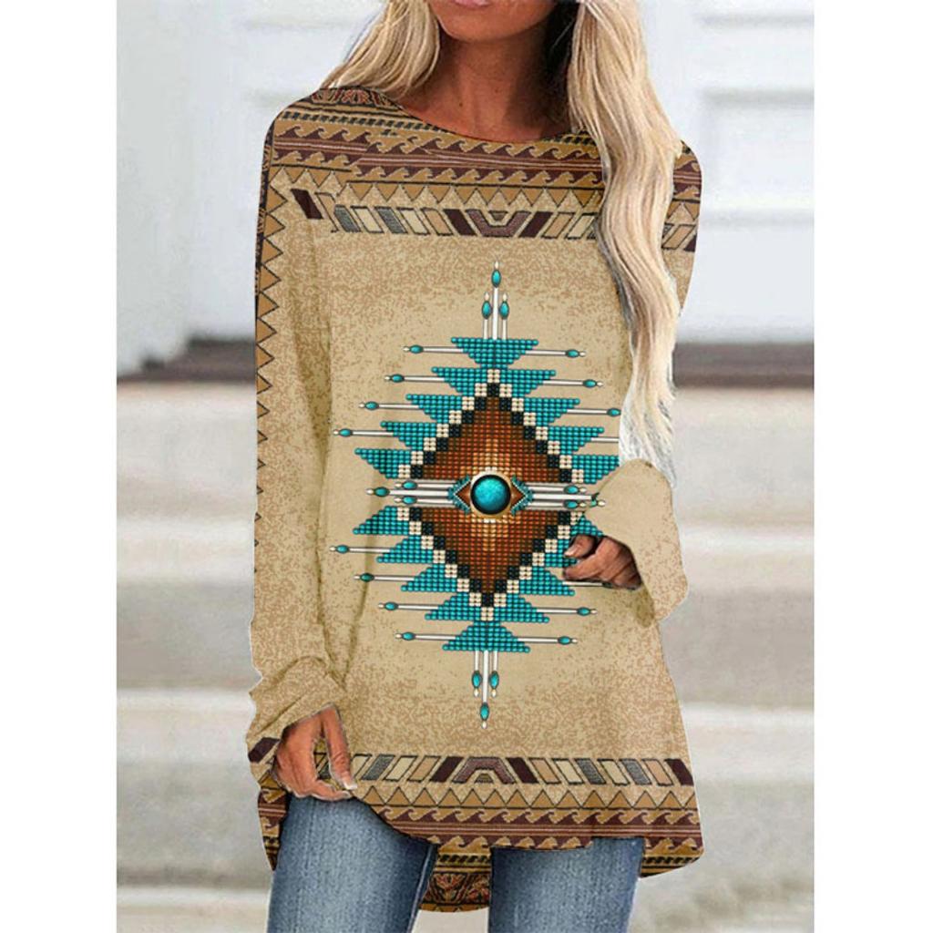 Western Aztec Ethnic 3D Print Langermede T-skjorter Bohemian Women Vintage Fashion T-skjorte Oversized Streetwear T-skjorter for kvinner Topper