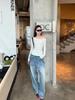 Nanyou LE* Off-Shoulder T-Shirt mit Buchstabenprint, figurbetont, langärmelig