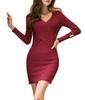 Religieuse Ribbed Knit Long Sleeve Dress with and Mini Length Women's Cache-Coeur V-Neck (Bordeaux)