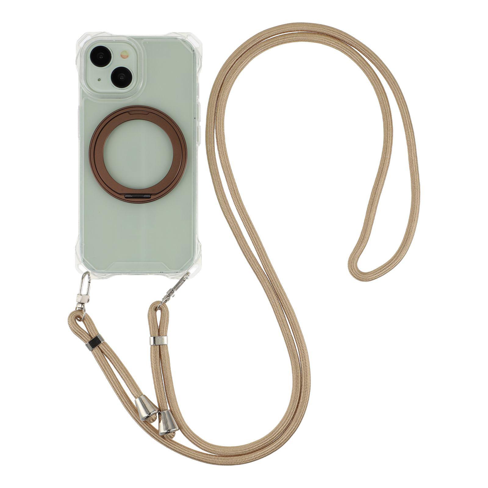 

For iPhone 15 Magnetic Case Ring Kickstand TPU+PC Phone Cover with Lanyard Brown