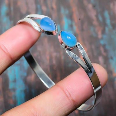 Bracelet réglable en argent Sterling 925, bijoux faits à la main en pierres précieuses de calcédoine bleue