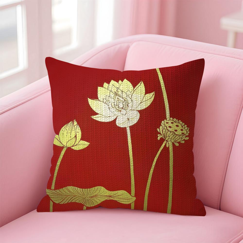 Golden Lotus Luxury Cushion Cover Natural Linen Pillow Case DoubleSided Print Decorative Sofa Pillowcase Home Decor Gift