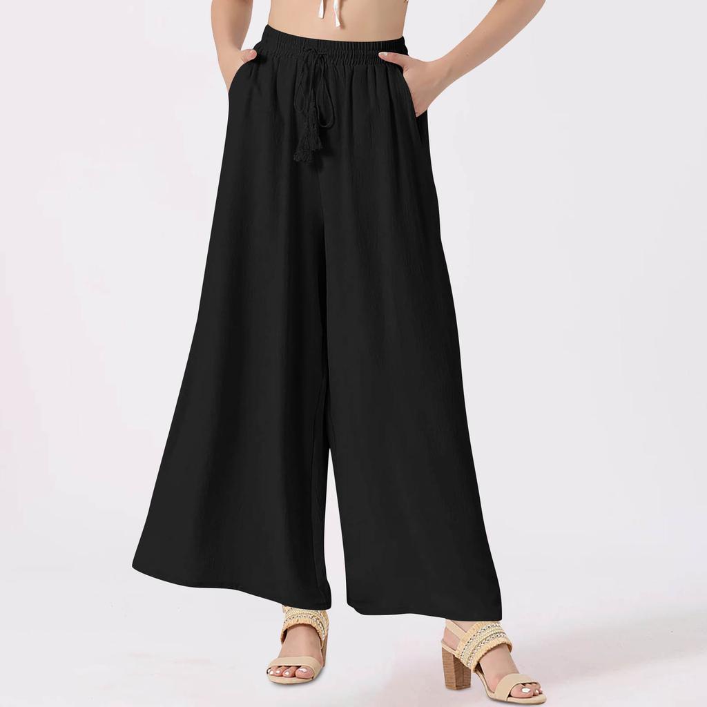 Damenhose mit weitem Bein, einfarbig, fließend, Boho-Stil, mit Kordelzug und hoher Taille