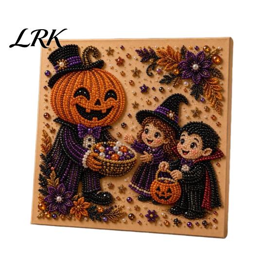 Handmade Autumn Wall Decor Halloween Faux Pearl Art Kit, Cute Ghost Skeleton Painting Room DIY 3D Craft Kit for Adults, Fall Home Diy