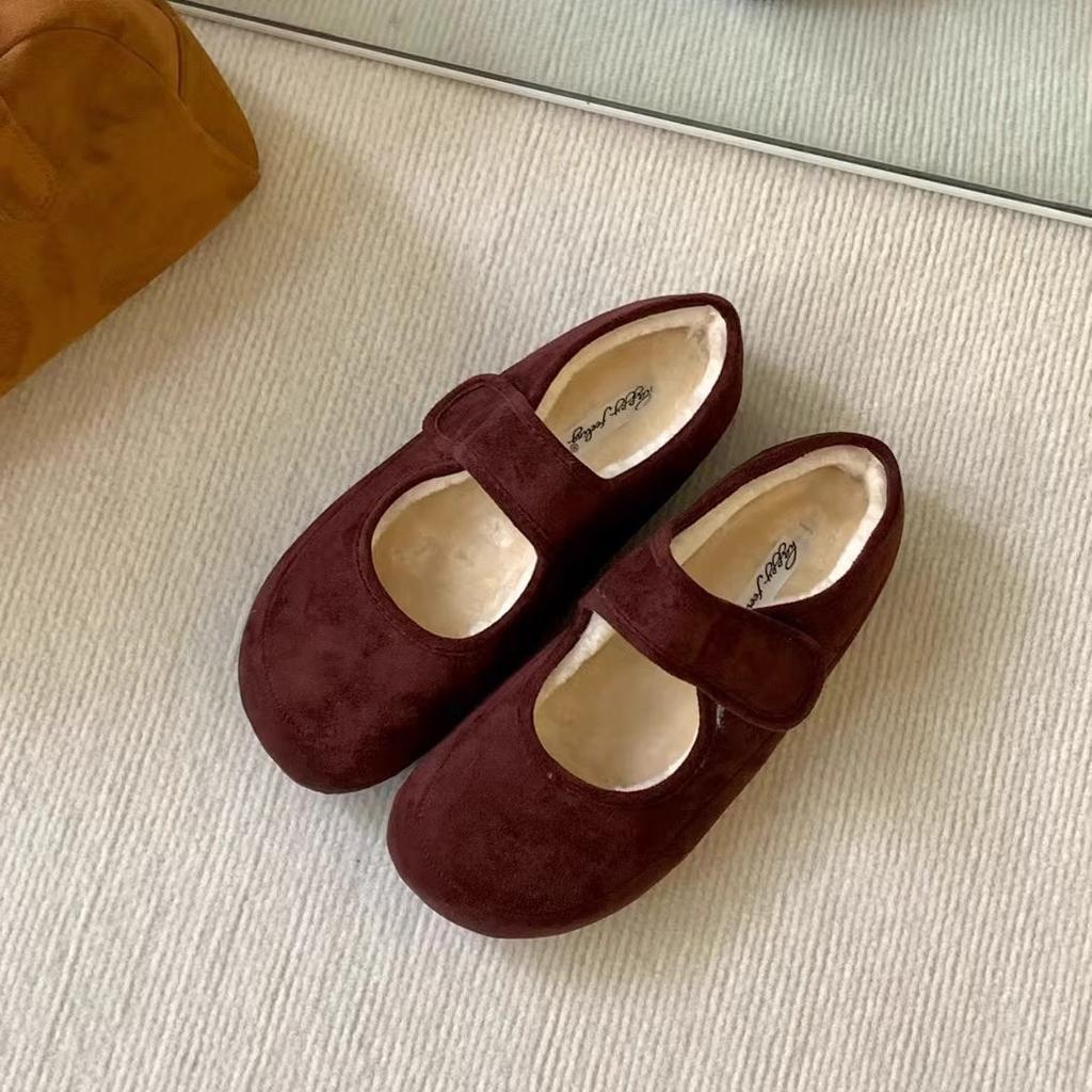Fleece flat-soled coffee-colored single shoes women's shoes autumn and winter warm cotton shoes Korean version retro word with Mary Jane Mao Mao shoes
