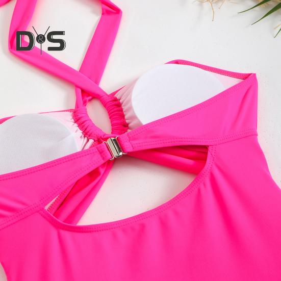 Women Monokini Padded Underwire Solid Color Halter One-Piece Bikini with Hollow Design Beach Vacation Swimwear