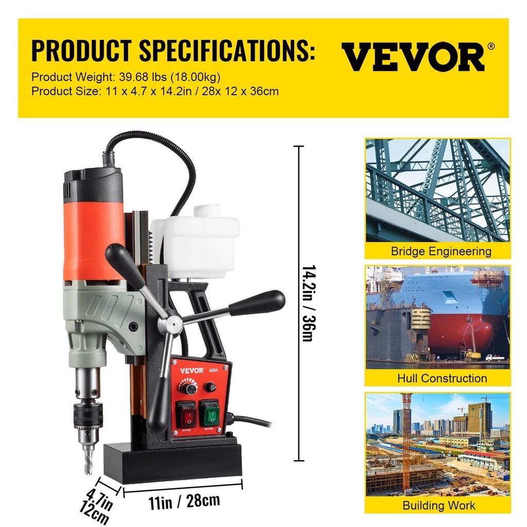Magnetic Drill, 1200W 1.57" Boring Diameter, 2922lbf/13000N Portable Electric Mag Drill Press with Variable Speed, 580 RPM Drilling Machine for Any