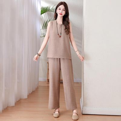 Damen Plus Size Ärmelloses Sommer-Pyjama-Set – Stilvolle Unifarbene Weiter Beinte Hose für Mütter mittleren Alters