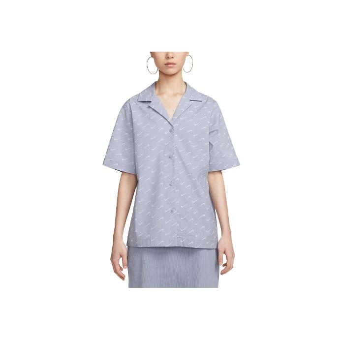 Nike Sportswear Everyday Modern Logo Print Loose Woven Short Sleeve Shirt Women shirts Mist-Gray-Blue DV7931