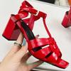 Fashion Cross Strap Square Toe Chunky Heel Women Sandals Solid Color Open Toe Real Patent Leather 6.5Cm Heels 2025 Newest Summer Sandals