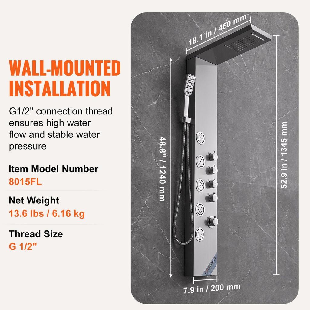 Shower Panel System, 4 Shower Modes Shower Panel Tower, Rainfall, Waterfall, 5 Full Body Massage Jets and 3-Setting Handheld Shower Head with 59"