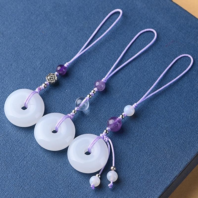 Vintage White Jade Buckle Pendant Phone Strap Chain Accessory Chinese Style Keychain Charm Unique Gift for Women Girls