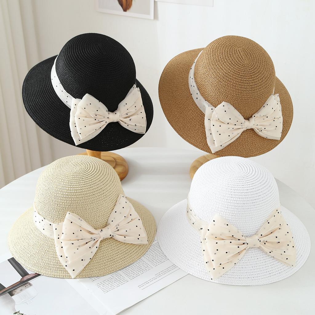 Sunscreen straw hat seaside beach hat, Japanese and Korean polka dot bow straw hat sun hat big brim bucket hat women