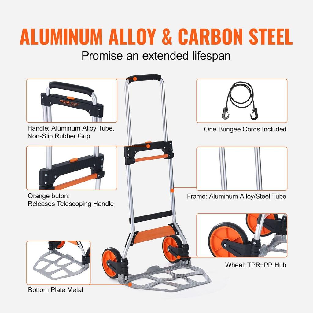 Folding Hand Truck, 275 lbs Load Capacity, Aluminum Portable Cart, Convertible Hand Truck and Dolly with Telescoping Handle and PP+TPR Wheels, Ultra
