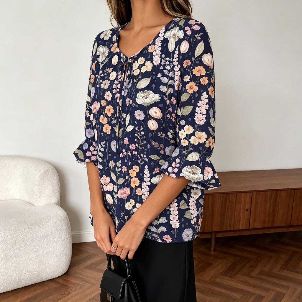 Women Round Neck Tie 3/4 Ruffle Sleeve Blouse, Mixed Shapes Tiny Floral Print, Versatile Top for Home & Commute