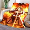 Anime Character with Fiery Energy Blanket - Dynamic Design Featuring Confident Anime Hero with Long Blonde Hair and Sword Surrou