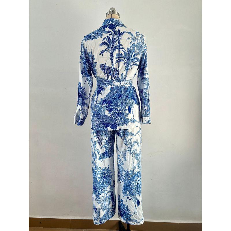 European and American Digital Printing Suit Women's Long Sleeve Loose Lace-up Spring and Summer Fashion Casual Two-Piece Suit Women's