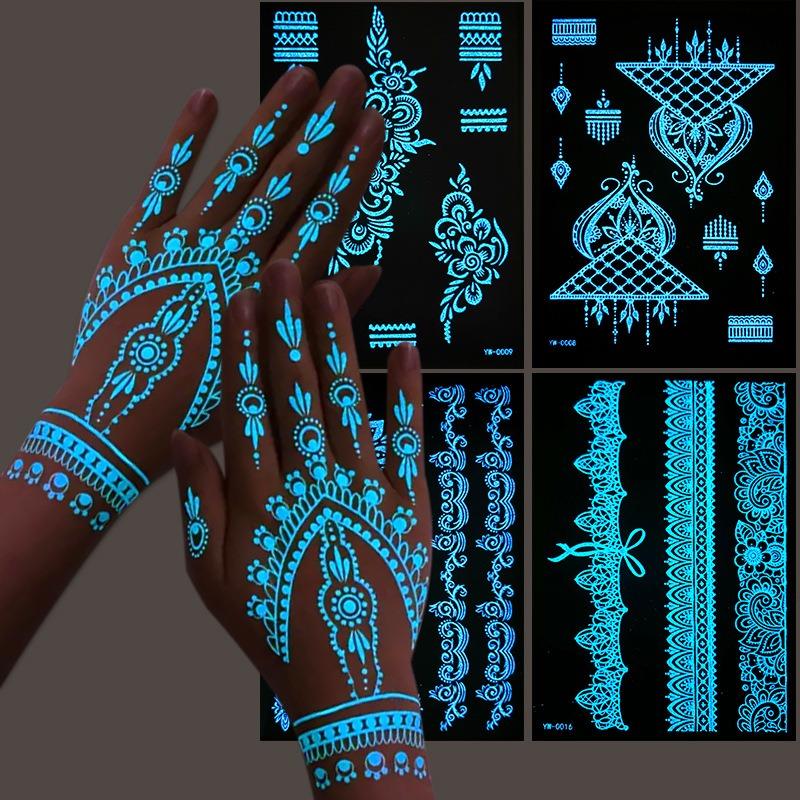 6 Sets Glow In The Dark Lace Temporary Tattoos Waterproof Fake Tattoo for Festival Party Henna Style Arm Leg Decoration