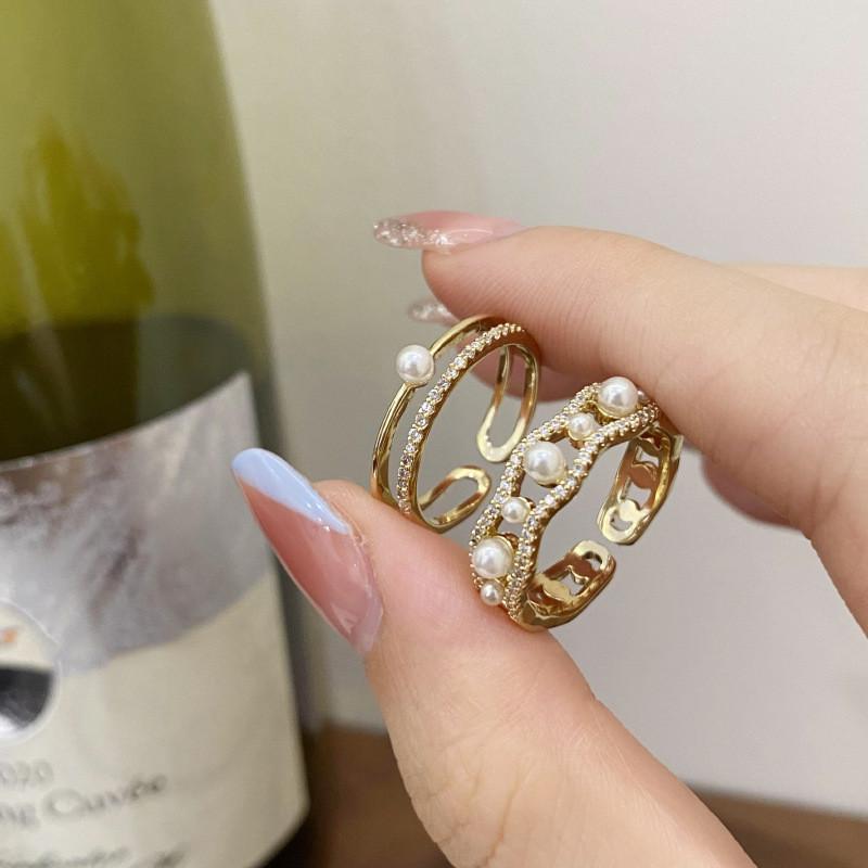 Fashionable Ins Style Double Layer Pearl And Rhinestone Ring For Women In Unique Design
