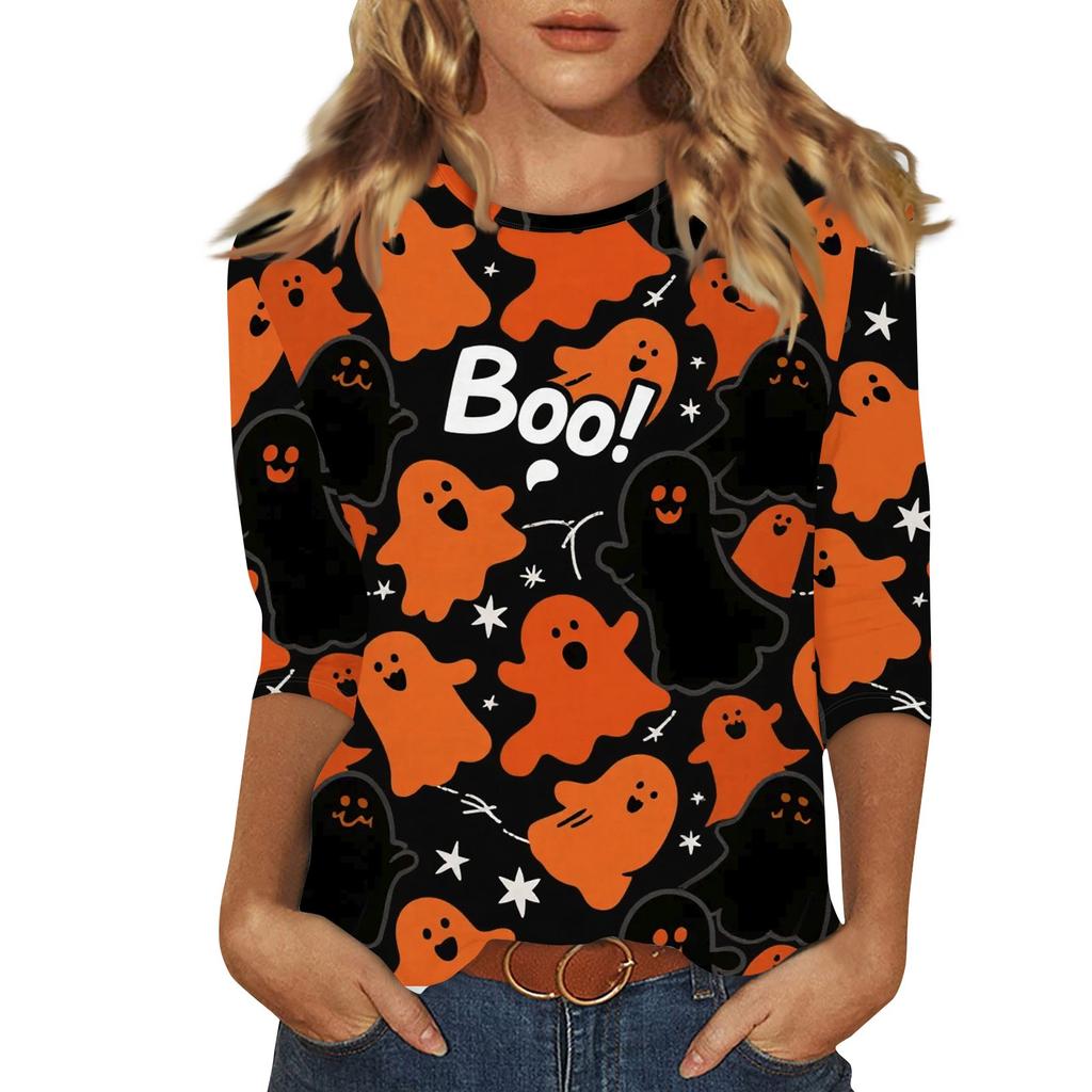 Dame Mote Casual Trekvartsermet Halloween Trykket Rund Hals Topp