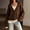 Women's V-Neck Loose Fit Knit Sweater Long Sleeve Casual Color Pullover
