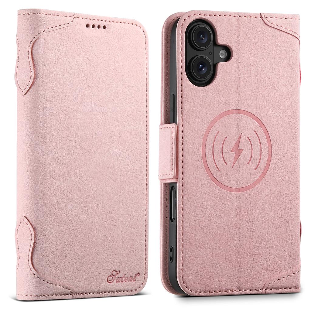 SUTENI J07 For iPhone 16 Plus Case Compatible with MagSafe Litchi Texture Leather Wallet Phone Cover