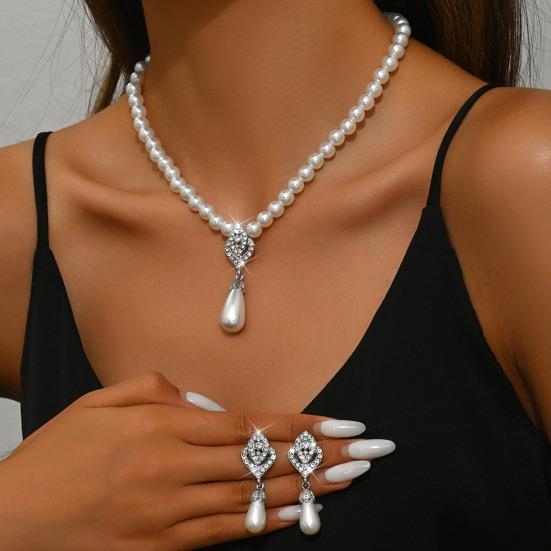 1 Set Faux Pearl Rhinestone Teardrop Pendant Necklace Jewelry Women And Earrings Elegant Beaded Necklace Jewelry
