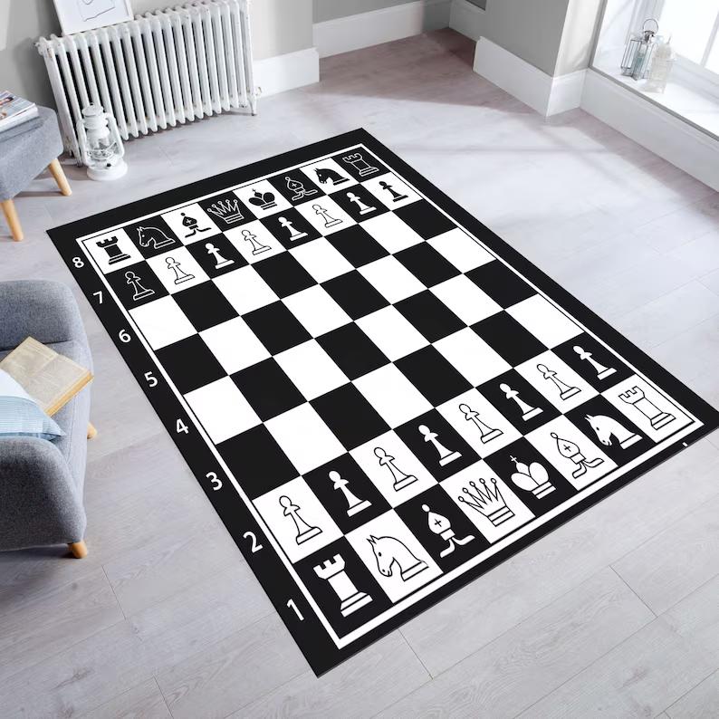 Baroque Chess Rug Black Marble Checkerboard Carpet with Living Room Gold Detail for Game Room Decor Carpets