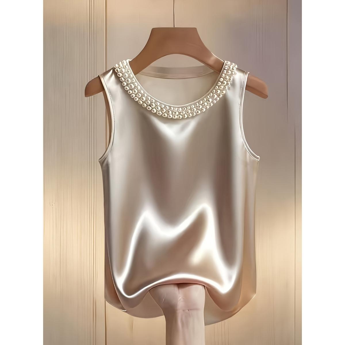 Spring Summer French Style Pearl Crew Neck Satin Shirt T-shirt Vest S