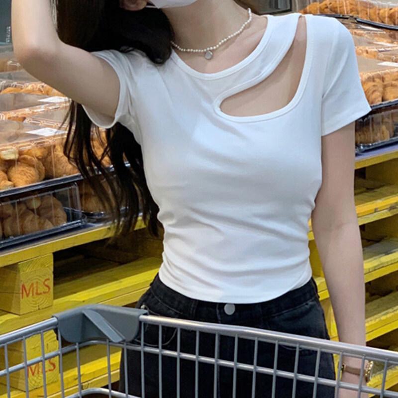 Shuangxing Women's Hollow-Out Knit Short-Sleeve T-Shirt