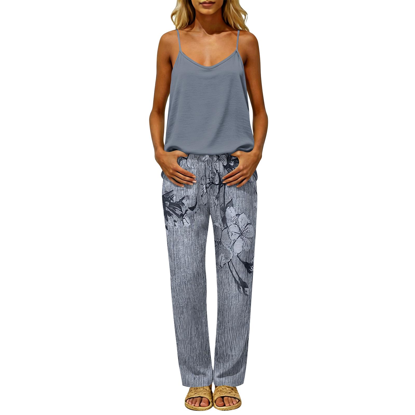 Women s Loose Fit Sleeveless Pullover Top with Open Back Elastic Waist Long Pants Set Casual Lounge Wear S