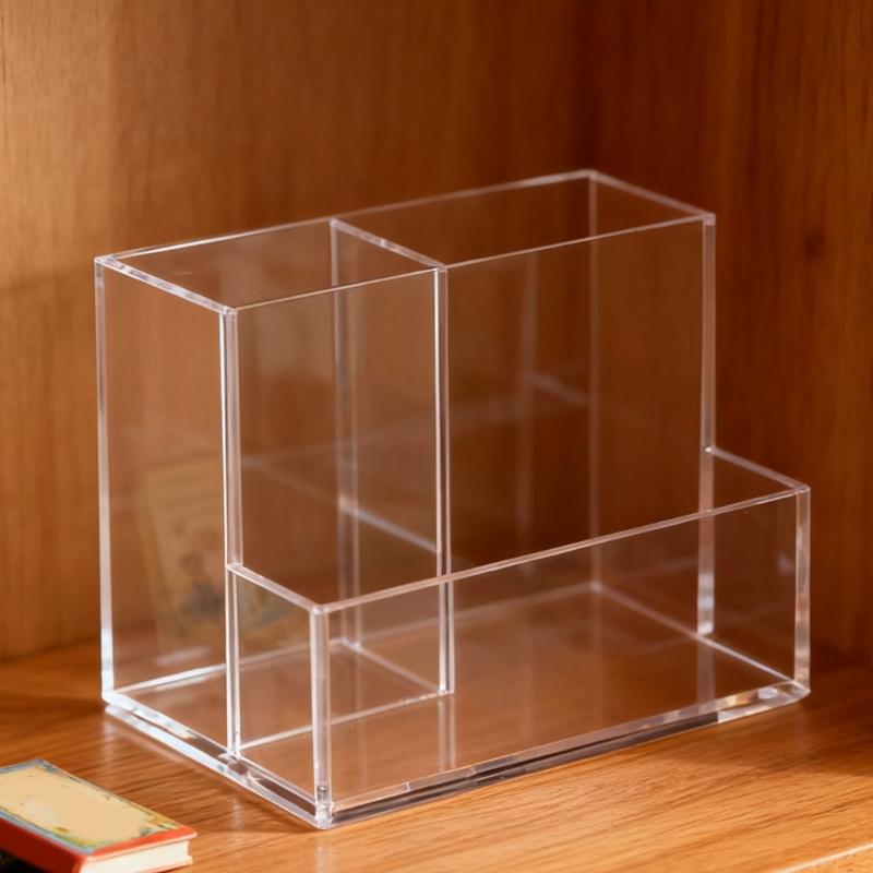 Clear Acrylic Vanity Organiser 3 Compartment Pencil Cup Cosmetic Storage Box For Bathroom Bedroom Countertop Cabinet