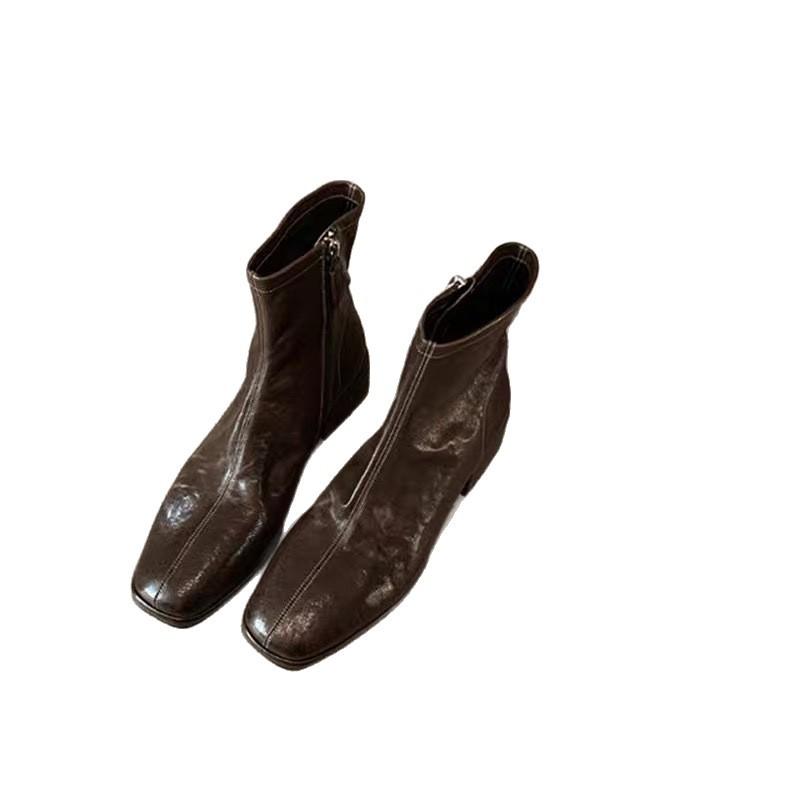 Faux leather French square head thick heel short boots small ankle boots women's autumn and winter new medium and high heel elastic thin boots socks 