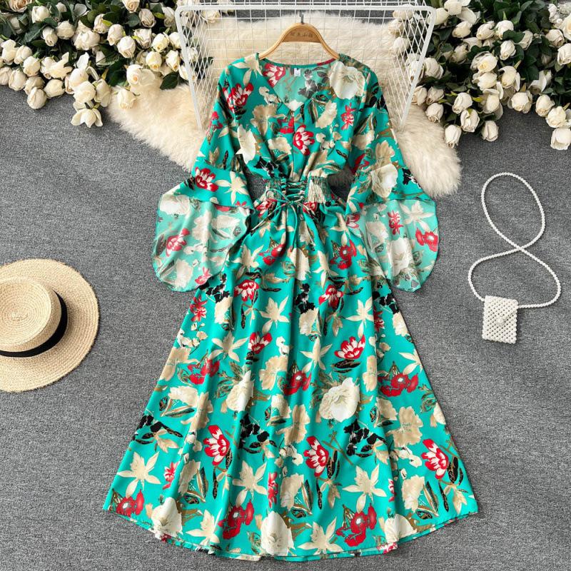 Summer new French retro collar lantern sleeve print dress high waist word skirt chiffon skirt big swing dress